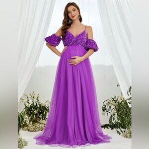 Maternity cold shoulder contrast sequin mesh formal dress